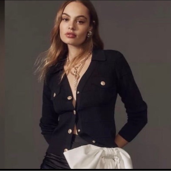 MAEVE By Anthropologie COLLARED KNIT CARDIGAN SWEATER JACKET GOLDBUTTON BLACK| M - Picture 14 of 14